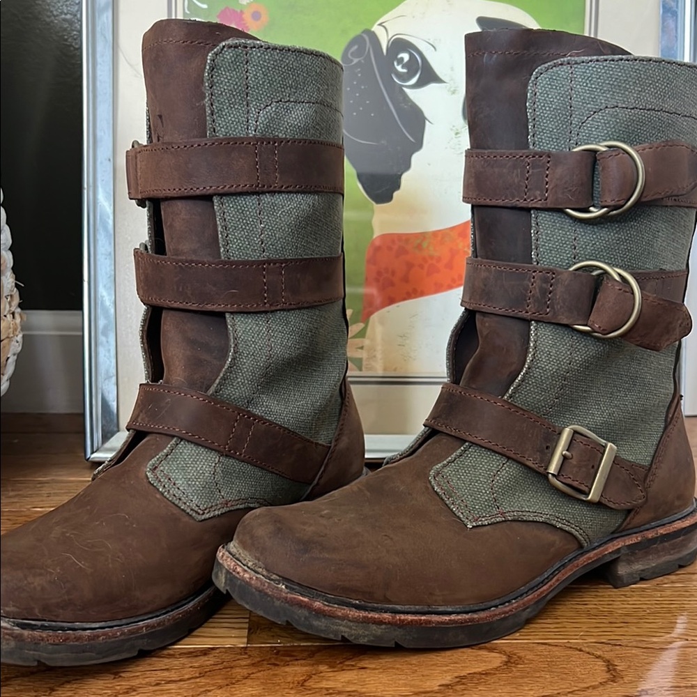 LL Bean brown leather and green canvas Brown Women's Boots